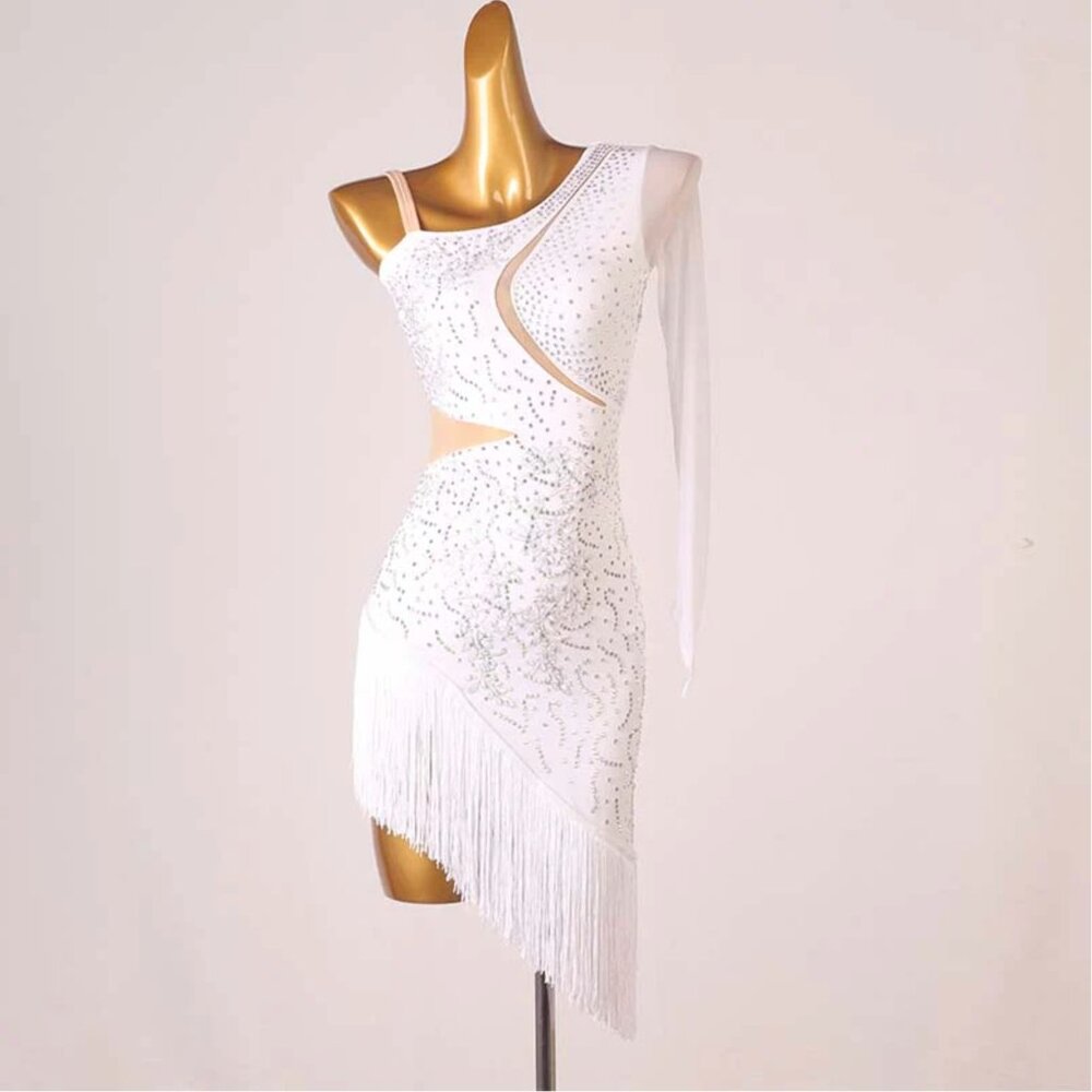 White Asymmetrical Beaded Performance Dance Dress (open back + tassels)